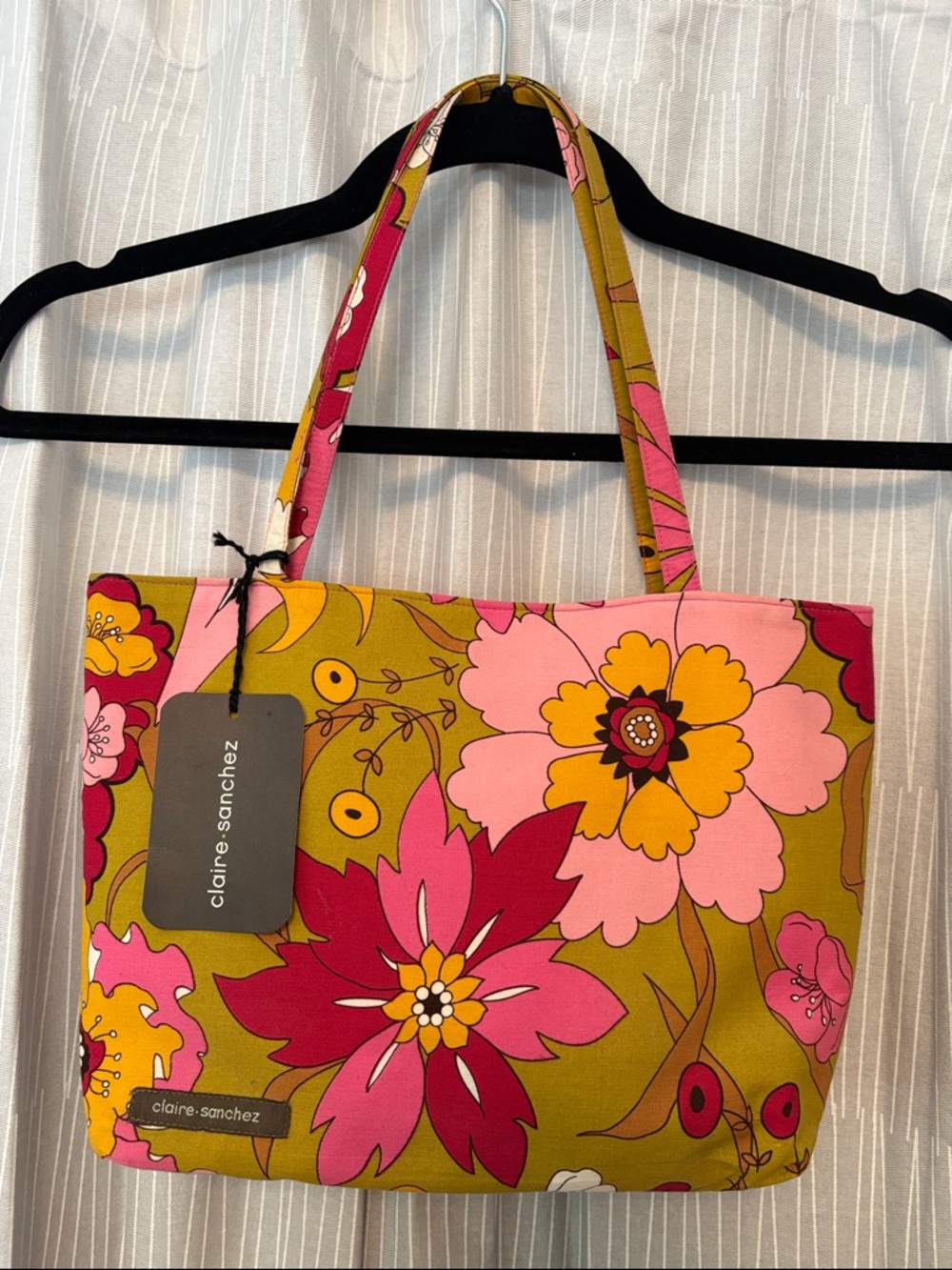 Claire & Sanchez Olive Floral Canvas Tote with Pink Accents